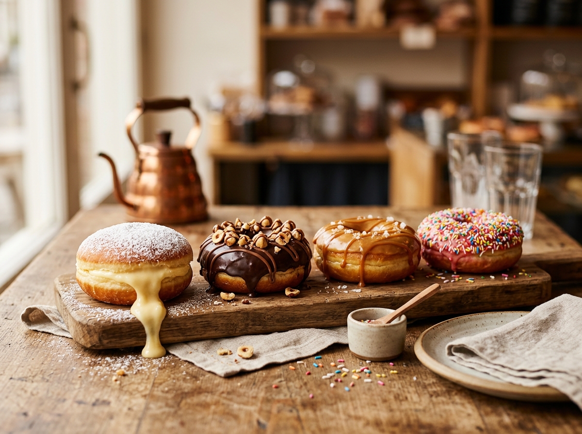 Donuts gourmet variados em tábua rústica