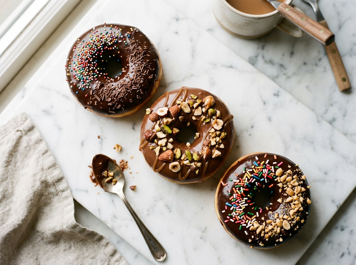 Vista aérea de donuts gourmet no mármore
